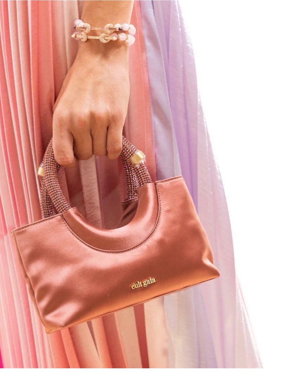 Cult Gaia: Rose-Pink Satin Mini Bag with Beaded Handles